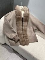 Manteau en fourrure de laine australienne surdimensionné avec col en vraie fourrure de renard, logo personnalisé, veste bomber à manches longues pour femmes