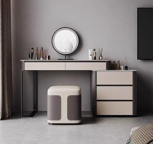 Bàn đá hàng đầu bàn trang điểm + Phân + gương trang điểm Vanity Bộ khung gỗ rắn và yên da kết thúc thực tế dresser Set - Product Image 6