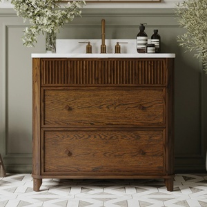 Custom Solid Wood with Oak Veneered <strong>Bathroom</strong> <strong>Vanity</strong> Striped Fluted Design with Quartz Countertop Single Sink Modern Cabinet - Product Image 1