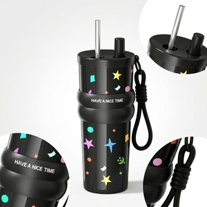 Casual All Print Stainless Steel Insulated <strong>Cup</strong> <strong>Straw</strong> Lid Braided Hand Rope Light <strong>Weight</strong> Portable <strong>Cup</strong> for Teenagers Gift - Product Image 1
