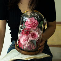 Rose éternelle préservée sous cloche en verre, décoration artistique LED pour bureau