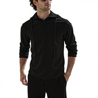 Ensemble de survêtement Henley à capuche pour homme, noir uni, manches longues, décontracté, respirant, anti-boulochage, en coton tricoté 220g, collection Printemps