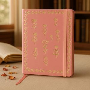 Coral Pink Flower 160gsm PU Leather <b>Journal</b> Gold Foil Hardcover A5 Notebook with Double Ribbon Gift Sewing Binding - Product Image 6