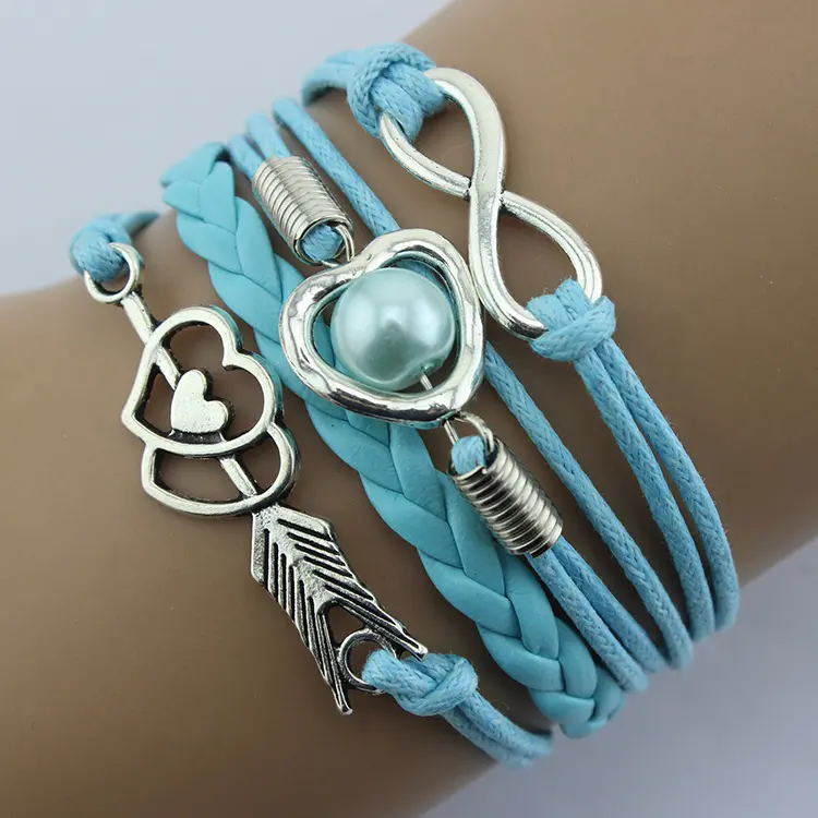 Wholesale Vintage Cupid's Arrow love pearl multi-layer leather bracelet for men and women