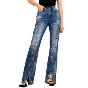 Jeans de diamante com strass colorido personalizado para mulheres emagrecimento cintura alta split bootcut jeans