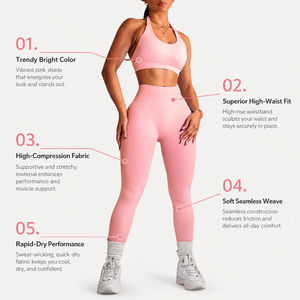 Women Premium Solid Soft <b>Pink</b> Seamless Yoga Set Racerback Sports Bra High Waist Sculpting Leggings Professional Fitness Front - Product Image 3