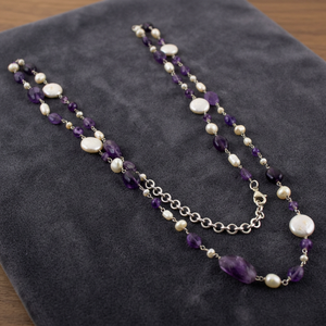Collier de perles avec améthyste et perle, chaîne en argent 925, style bohème, à porter au quotidien, unisexe - Product Image 3