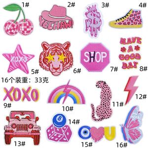 New Iron on Embroidery <b>pink</b> Color Cheetahs Star Xoxo Shoes Dollar Cherry tiger Patch for Kid's Clothes Hat <b>Bag</b> - Product Image 2