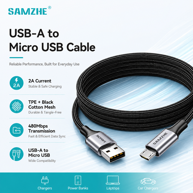 SAMZHE 1m Black Braiding TPE USB-A to Micro USB 2A Charging Data Cable USB2.0 Android Charger Cord for Mobile Phone Power Bank