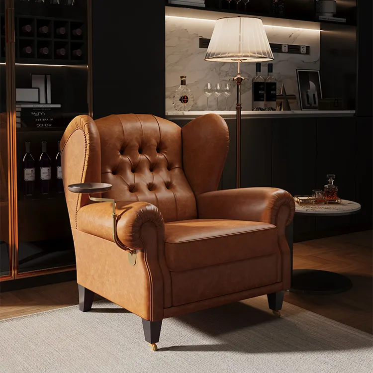 เก้าอี้โซฟาเดี่ยวย้อนยุคย้อนยุคทำจากหนังสีน้ำตาลซิการ์ห้องนั่งเล่นโรงแรมโบราณ