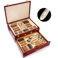 Ensemble de 72/84 pièces de couverts russes plaqués or, en acier inoxydable, couteau, fourchette, cuillère à soupe, coffret cadeau