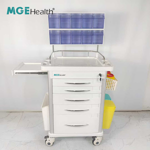 Chariot d'anesthésie hospitalier avec plateau supérieur en ABS, verrouillage centralisé, cinq tiroirs, étagère latérale dissimulée, double rangée, support réglable pour dix boîtes, verre souple - Product Image 2