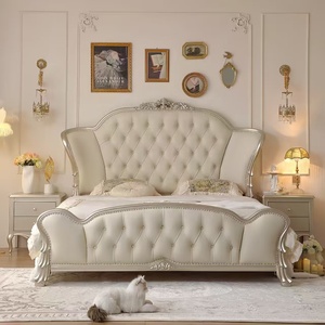 European Style Double Bed High-End Master Bedroom Up-Holstered American Style Leather Bed Solid Wood Wedding Bed <b>Frame</b> - Product Image 1