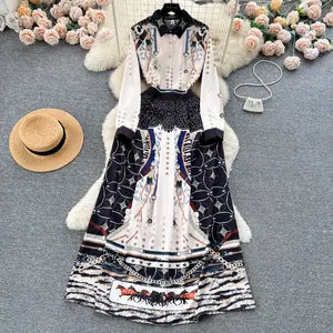 ZT1386 Literary vintage elegant fashion printed dress high waist show temperament Haute couture French dress woman