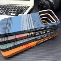 Étui de téléphone portable en polycarbonate antichoc avec recharge magnétique sans fil, motif en fibre d'aramide recouverte de cuir pour iPhone