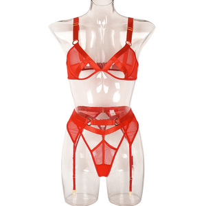 Set di Lingerie Sexy in rete erotica da <span class=keywords><strong>donna</strong></span> <span class=keywords><strong>rosso</strong></span> con reggiseno nero ritagliato e giarrettiera con capezzolo che mostra biancheria intima trasparente - Product Image 5