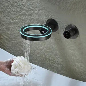 Grifo de lavabo oculto gris con pistola de cobre, grifo en tipo de pared, agua fría y caliente, grifo empotrado de agua de pared incrustado oculto