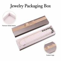 Boîte cadeau longue personnalisée pour collier, emballage de bijoux de luxe en or métallique avec nœud élégant pour boutique