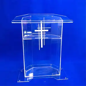 Modern Designs Custom Acrylic Clear Podium Church Pulpit With Christian Church Cross Easy Assemble Stand Up Lectern