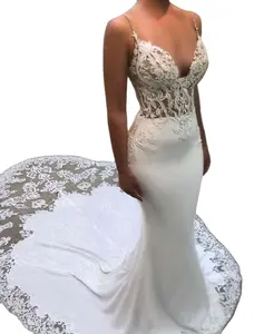 7302 # abito da sposa con spalline senza maniche speciale scava fuori la schiena in morbido raso con scollo a v in pizzo a sirena Appliques abito da sposa