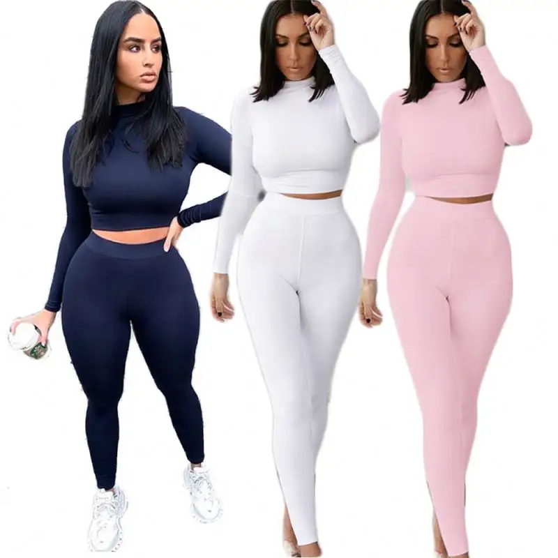 YP toptan güz 2024 kadın kıyafetleri iki parçalı setleri düz renk ince uzun kollu kırpma üst Jogger seti kadınlar için kıyafetler giyim