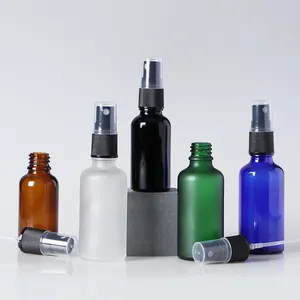 Botella de vidrio de aceite esencial de color esmerilado completo, tapa de spray de niebla, botellas de vidrio de aceite esencial