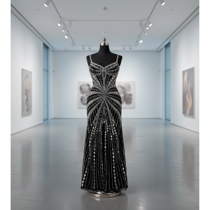 Vestido Maxi de Seda para Mujer, con Pedrería Negra, Elegante, con Tirantes Finos, para Eventos Nocturnos - Product Image 1