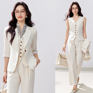 Women's <b>Linen</b> Three Quarter Sleeve Blazer Suit <b>Set</b> Lightweight Breathable Formal Commute Style - Product Image 1