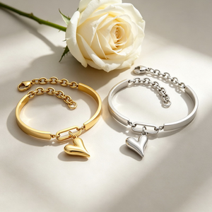 Brazalete de Moda para Mujer con Dijes de Corazón Lisos y con Cuentas, Acero Inoxidable 316L, Cadena de Extensión Ajustable, Regalo para Ella - Product Image 2