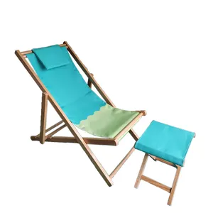 Kursi Pantai Lipat Kayu Solid Luar Ruangan Sling Deck Kursi Lounge dengan Pijakan Kaki Bangku