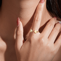 FUAMAY Vente directe d'usine, argent 925 plaqué or 18 carats/rhodium, bague ouverte à double cœur scintillante avec CZ, bijoux fins de haute qualité en gros