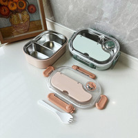 Boîte à bento rectangulaire minimaliste en acier inoxydable 304 de style coréen pour étudiants, double compartiment, conservation de la chaleur, anti-brûlure