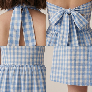 Robe midi dos nu à carreaux bleus et blancs pour femme, style licou, avec nœud papillon, coupe trapèze, idéale pour les vacances d'été, vente en gros - Product Image 4