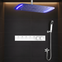 Ensemble de douche de plafond moderne 5 fonctions thermostatique LED en laiton brossé et acier inoxydable, fixation murale, avec jets pluie, cascade, brume et SPA