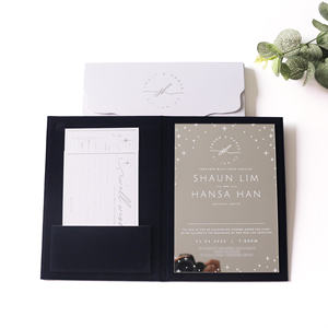 <span class=keywords><strong>Invitation</strong></span> de mariage minimaliste personnalisée, couverture rigide pliable, velours bleu marine, avec carte en acrylique miroir argenté à feuille d'or blanche, enveloppe - Product Image 1