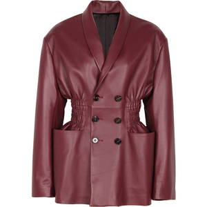 Giacca in Vera Pelle con Vita Elastica per Donna, Giacca in Pelle a Doppio Petto, <span class=keywords><strong>Moda</strong></span> Autunnale - Product Image 1