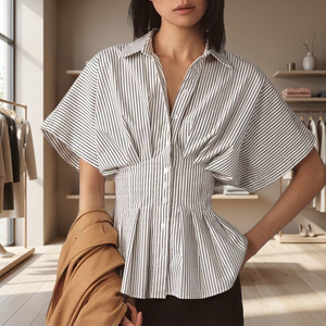 Blusa de Popelina para Mujer, a Rayas, con Botones, Manga Corta, Holgada, Informal, para Primavera y Verano - Product Image 4