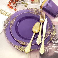 Customizable Transparent Purple Dragon Disposable Tableware Set PS Hard Plastic Gold Rim Relief Plate Dust-Free Paper Wine