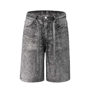 Best-Selling Men's Denim Shorts Diamond-Encrusted with <b>Personalized</b> Rhinestones Straight Style Summer Jeans with Belt - Product Image 2