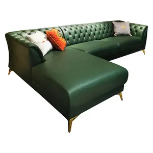 Tela de terciopelo azul marino sala de estar sala de espera 3 asientos moda moderna en forma de U conjunto de sofá de cuero genuino