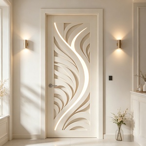 High-End Walnut <b>Veneer</b> Entry Door with Unique LED Light Strip & Geometric Carving - Product Image 5