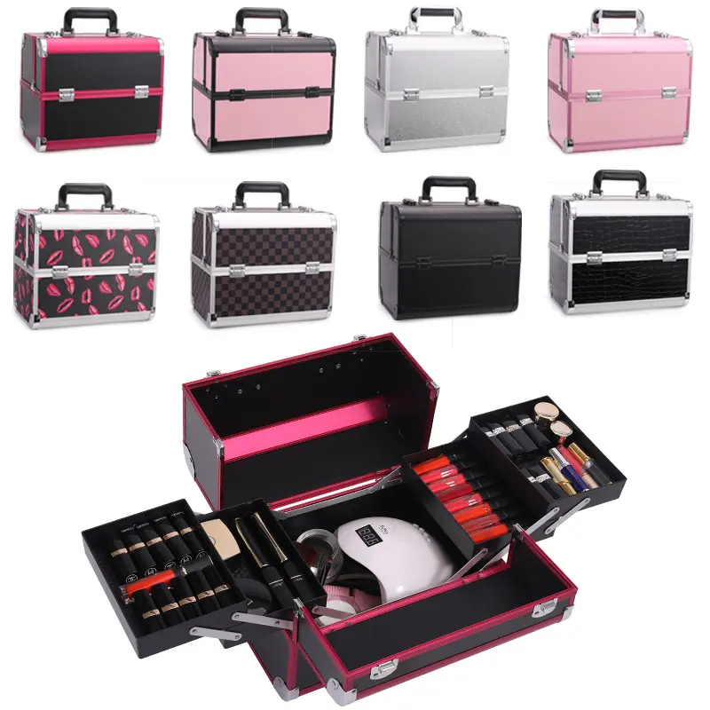 Aluminum pink hard travel makeup train cosmetic vanity box /Professional Portable Makeup case/Wholesale professional travel case