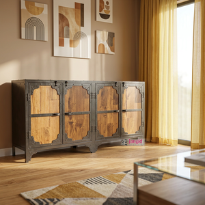 Buffet de rangement industriel en bois avec armoire à buffet métallique intégrée, 4 portes, artisanat indien, meubles pour hôtel et salon - Product Image 3