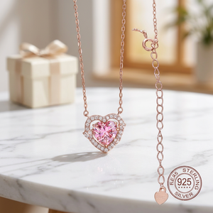 Collar con Colgante de Diamante Rosa Corte Corazón, Cultivado en Laboratorio, con Halo, Chapado en Plata de Ley 925, para Mujer, Romántico y de Lujo Certificado - Product Image 1