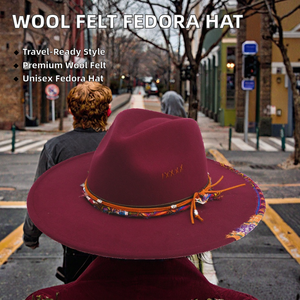 Chapeaux Fedora en feutre de laine de haute qualité à bord plat avec ruban, unisexe, pour affaires et soirées, effet vieilli, luxe, dessiné à la main - Product Image 2