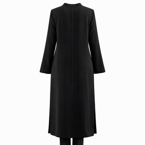 Abito Tunica <span class=keywords><strong>Lungo</strong></span> da Donna Personalizzato in Misto Lino e Cotone <span class=keywords><strong>Nero</strong></span> <span class=keywords><strong>con</strong></span> Collo alla Coreana, Abbottonatura Nascosta, Maniche Lunghe e Spacchetti Laterali - Fornitore di Tendenza - Product Image 5