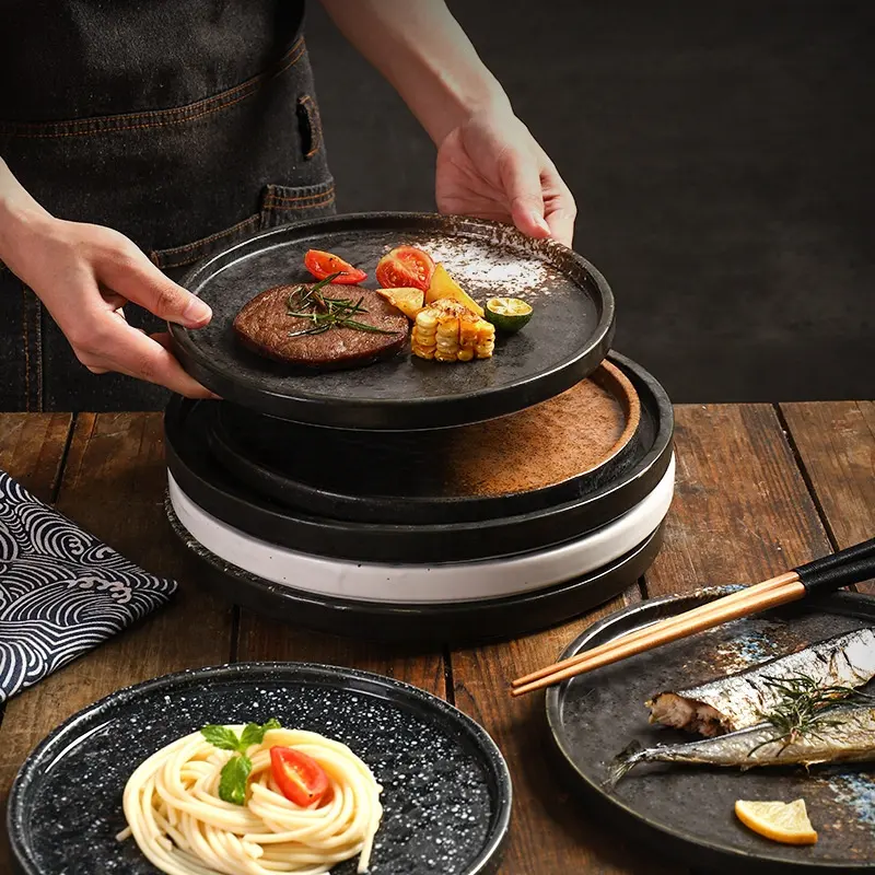 Nordic Style Hotel Restaurant Luxury Dishes Set Gold Rim Charger Black Ceramic Dinner Plates