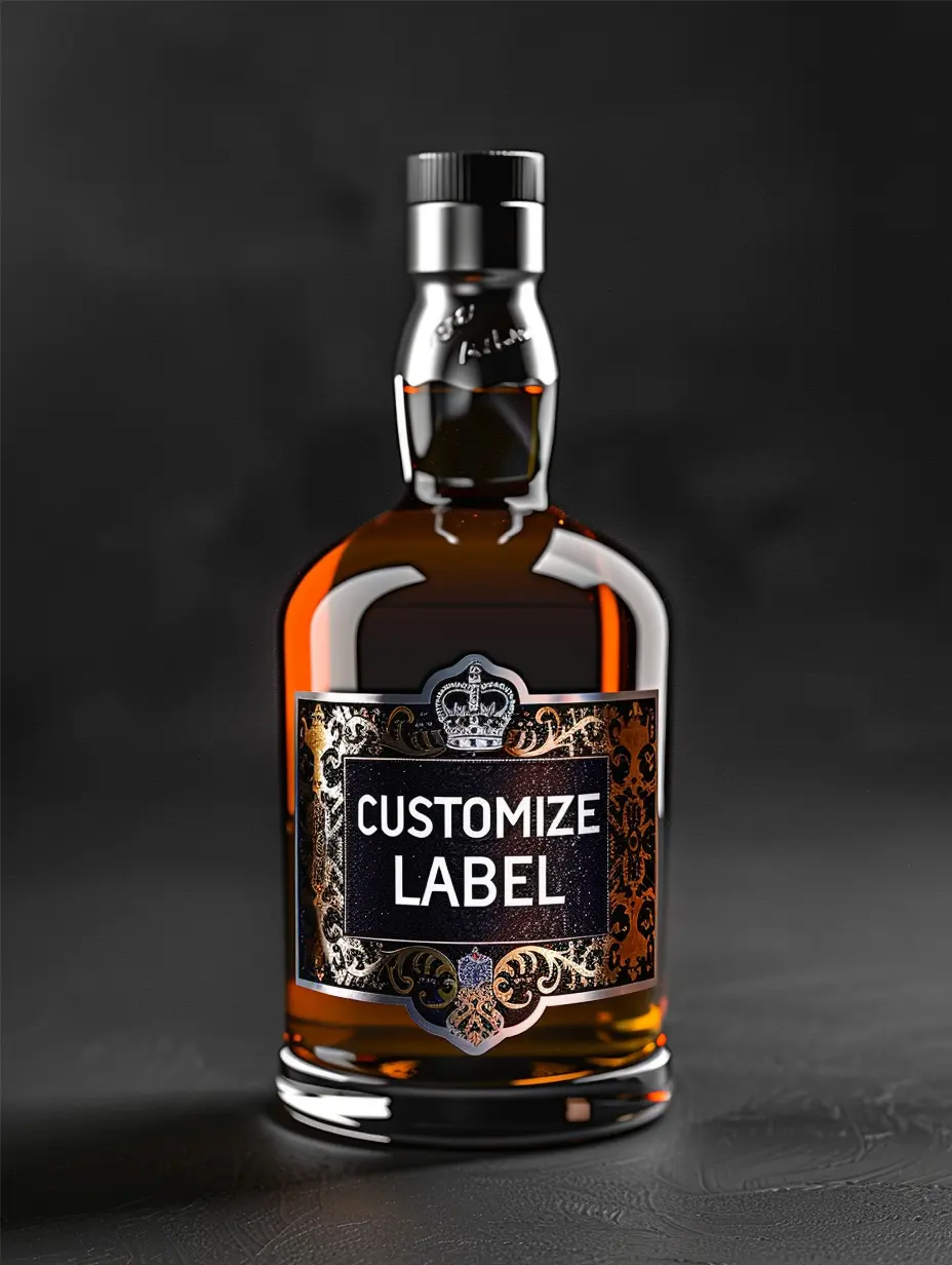 Botol wiski daya pribadi OEM label putih, wiski label foil emas biru