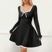 Robe moulante élégante à col en U avec dentelle unie pour femmes, mode d'hiver en noir, tailles S à XL