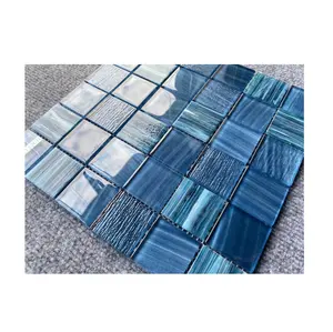Mosaico de vidro de superfície brilhante, vidro oceano, mosaico de 4mm, cristal azul misto, piso de piscina de qualidade iridescente